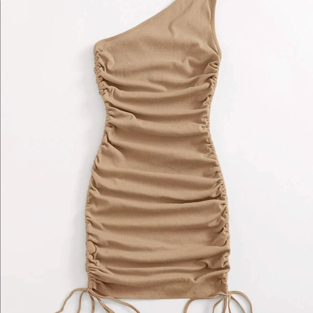 One shoulder tan dress. Flattering!!